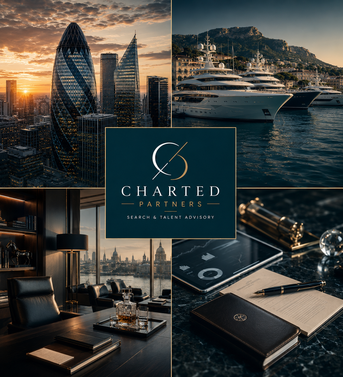 Charted Partners branded collage showing London skyline, superyachts, executive office and financial workspace